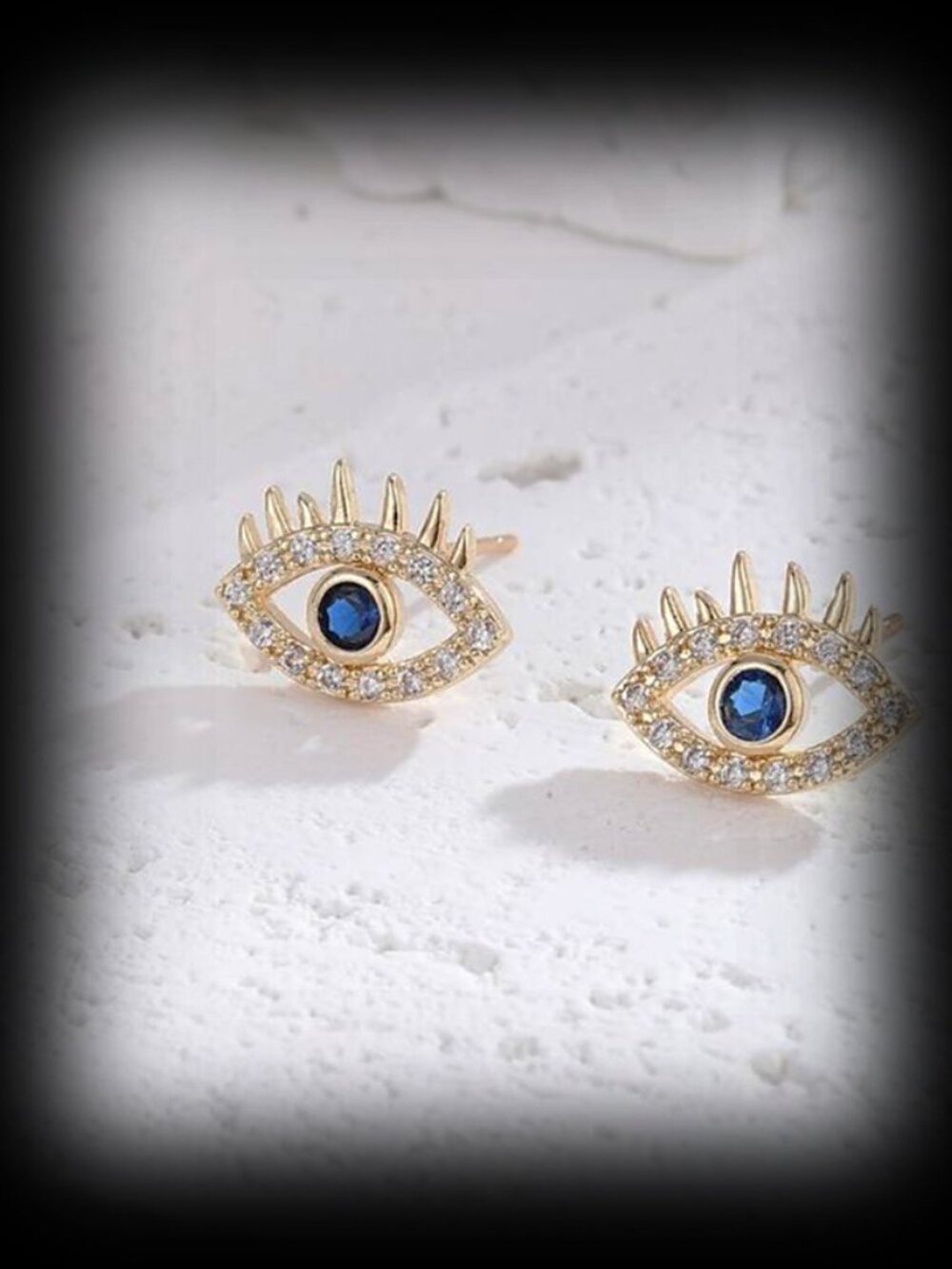 Gold Boho Evil Eye Protection Stud Earrings Blue Clear CZ | Eyelash | Talisman - Picture 3 of 13
